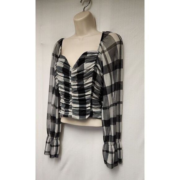 Lily & Star Bell Sleeves Square Neckline Plaid Black/White Blouse Size XL - Picture 3 of 6